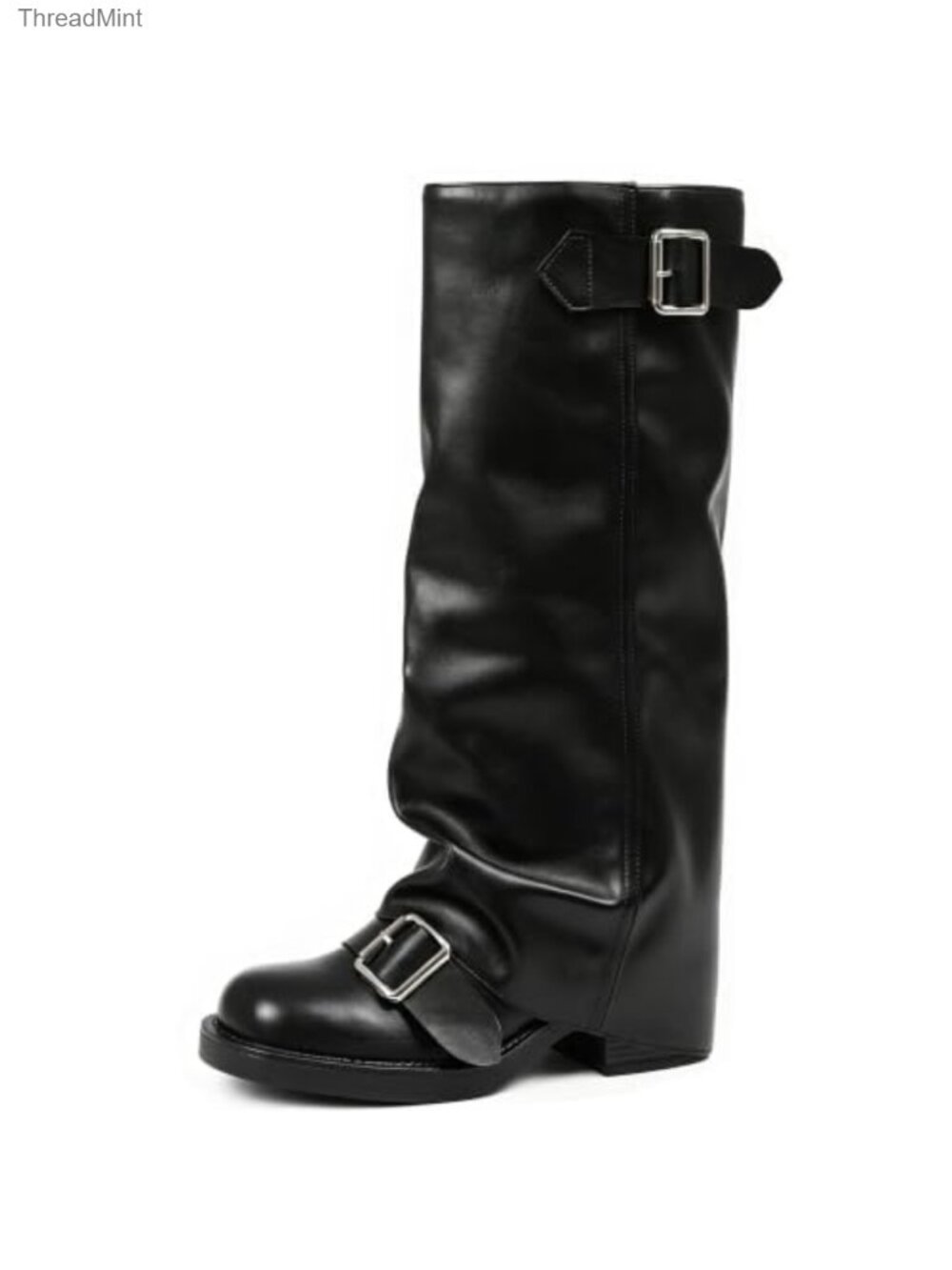 Fold Over Knee High Boots Women Slouchy Chunky Block Heel Round Toe Pull On